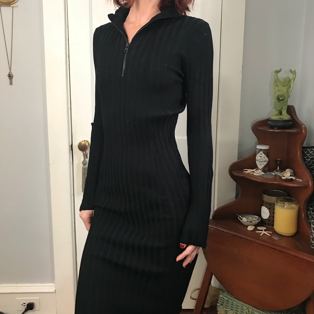 Zara Black High Neck Zipper Bodycon Ribbed Dress